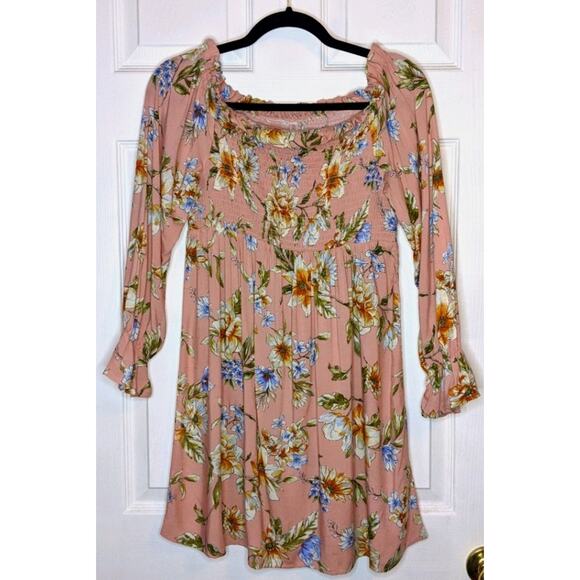 Xhilaration Blushing Pink Peasant Ruffle Long Sleeve Floral Spring Dress S - Picture 1 of 13